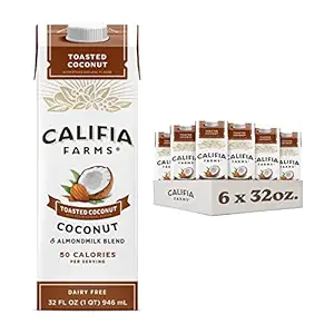 Califia Farms - Toasted Coconut Almond Milk, 32 Fl Oz (Pack of 6), Dairy Free, Vegan, Plant Based, Shelf Stable, Vegan, Gluten Free, Non GMO, Sugar Free, High Calcium, Smoothie, Coconut Milk