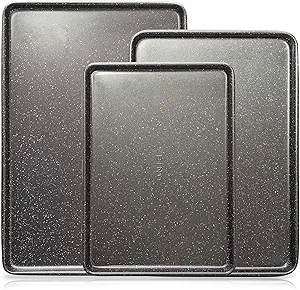 BINO Bakeware Nonstick Cookie Sheet Baking Tray Set 3-Piece - Speckled Gunmetal | NonStick Baking Pans Set | Carbon Steel Tray Bakeware Sets | Oven Safe Baking Set | Cookie Sheet Pans | Food-Safe Tray