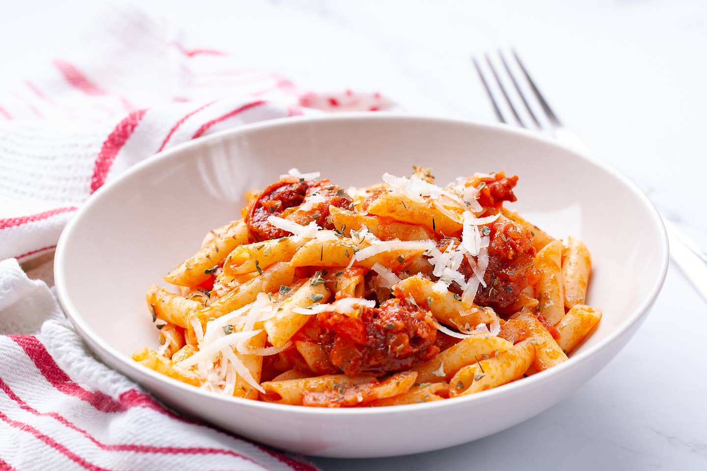 Penne with chorizo and tomato sauce