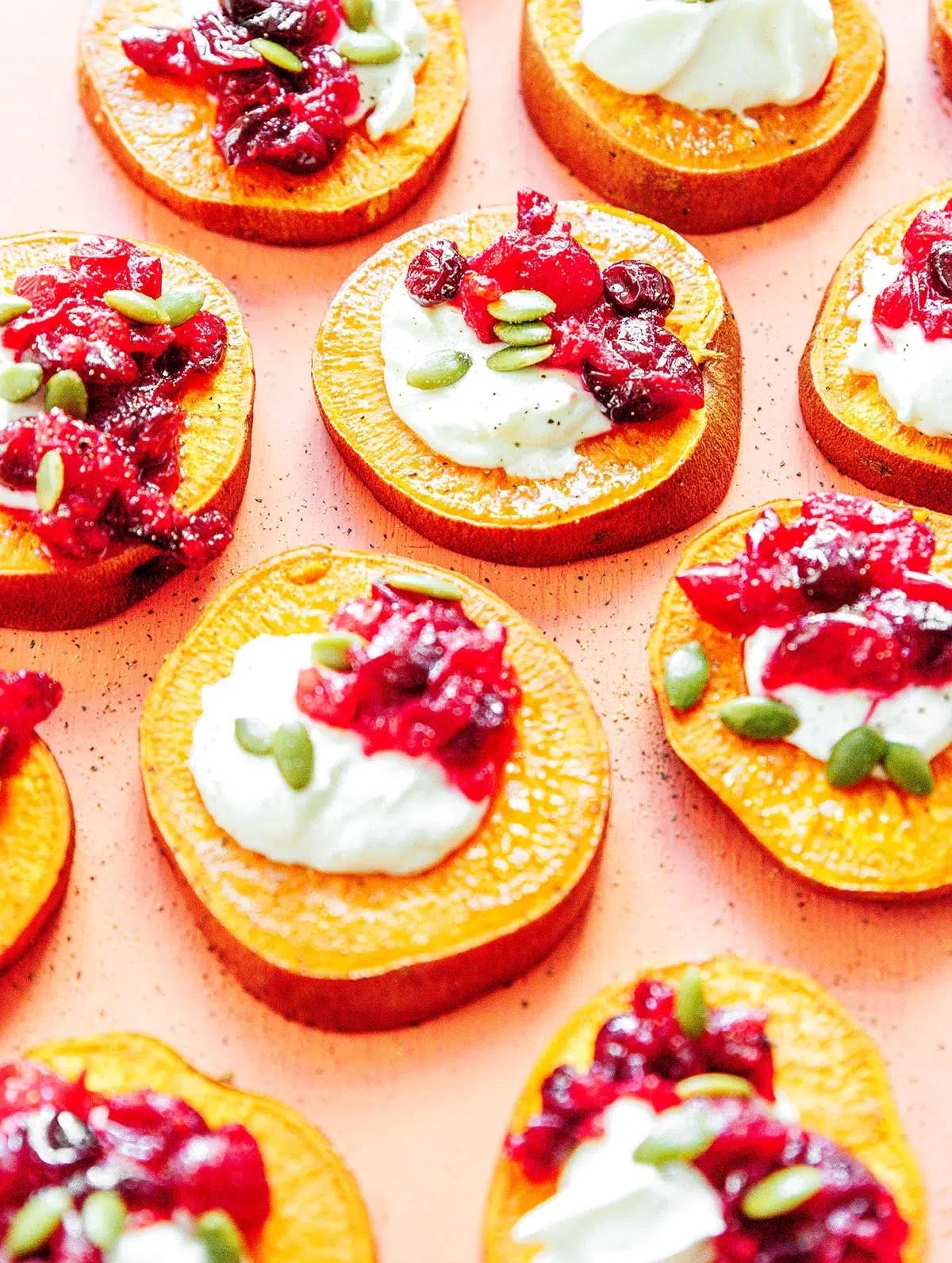 Loaded Sweet Potato Rounds with Vegan Goat Cheese and Cranberries