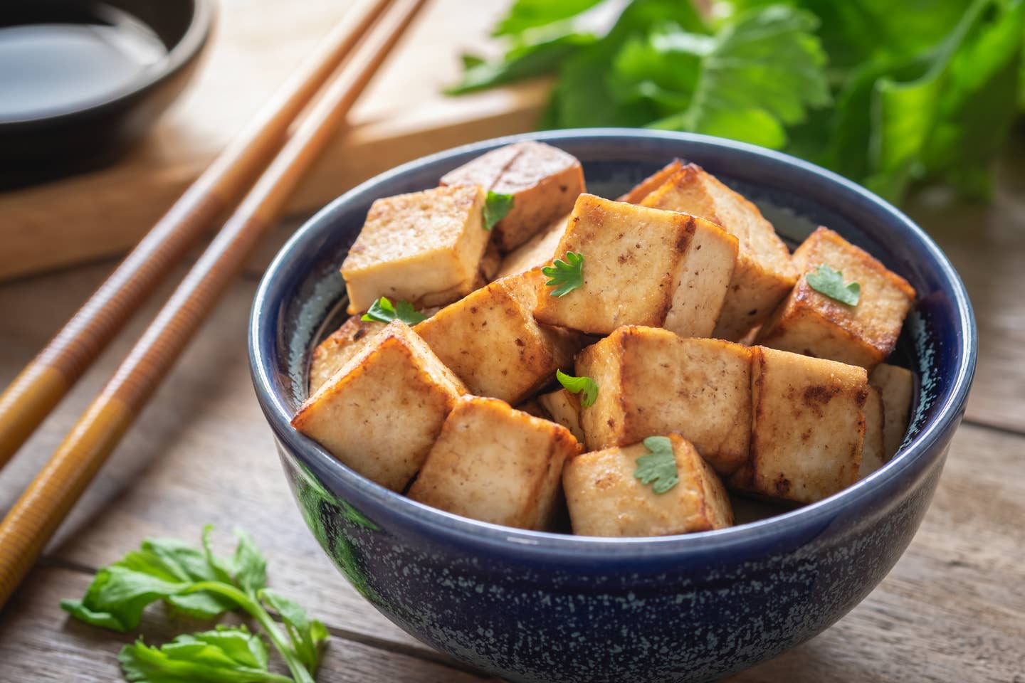 Fried tofu in bowl, Vegetarian food