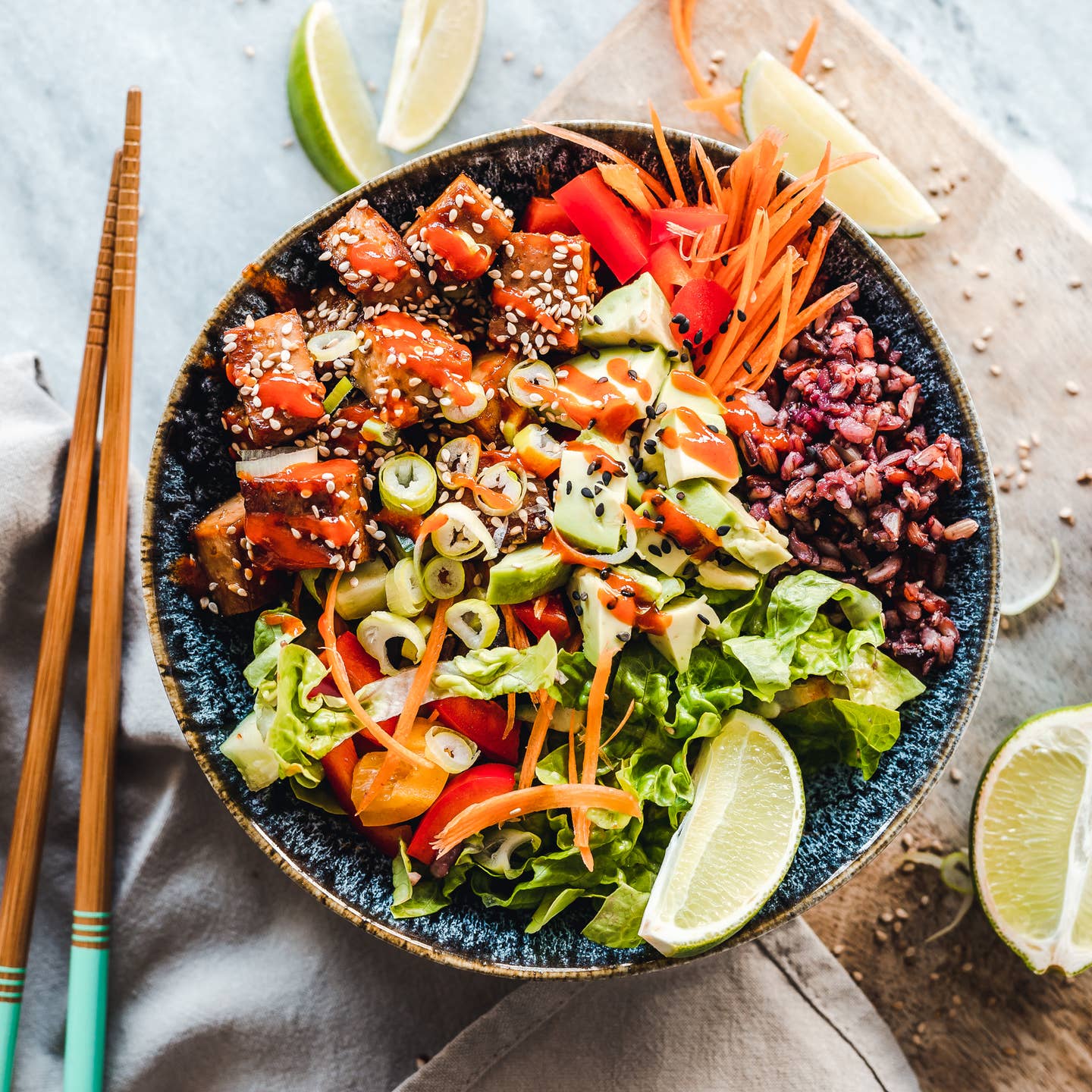 Vegan tofu and vegetable bowl with red rice