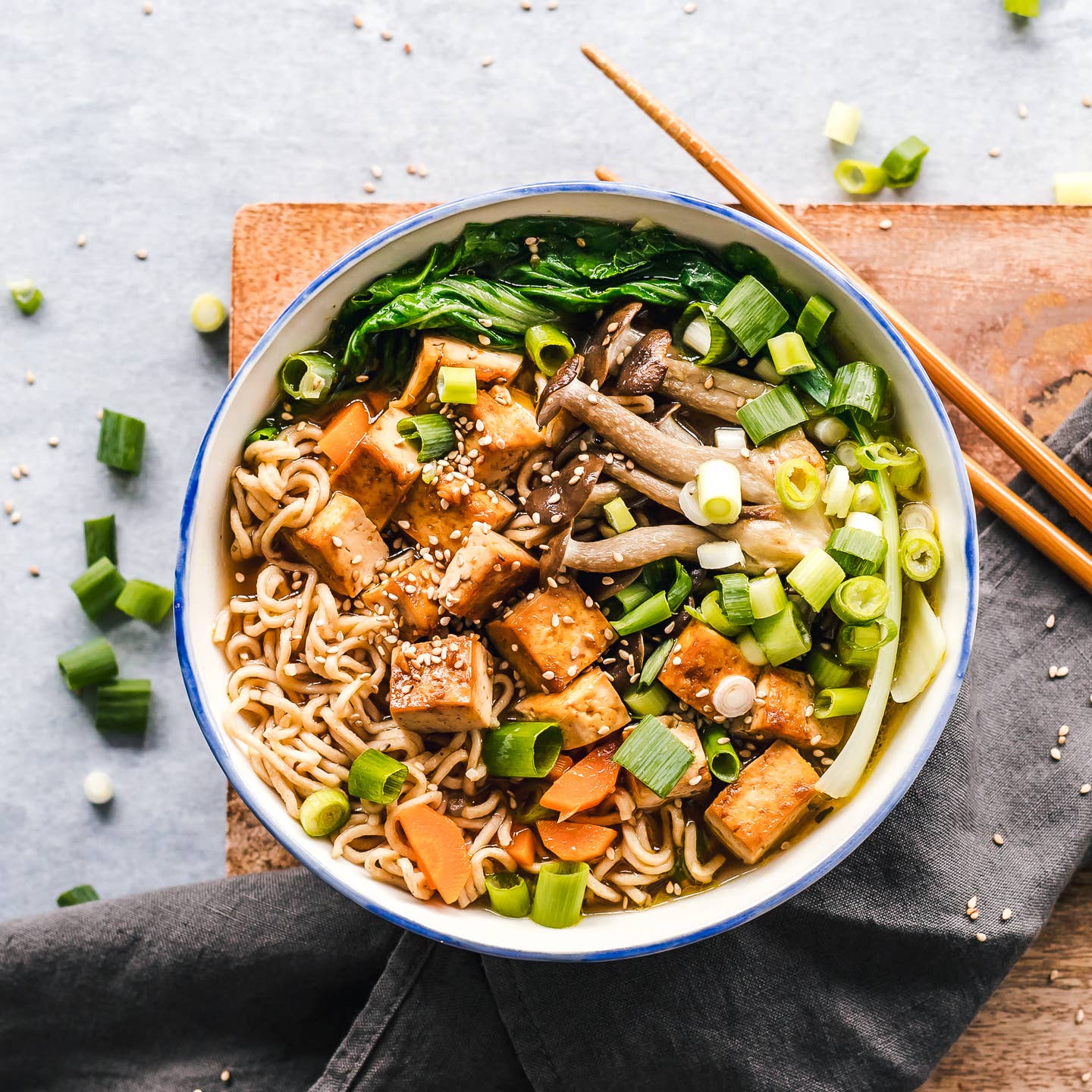 Bowl of vegan miso ramen with tofu and mushrooms