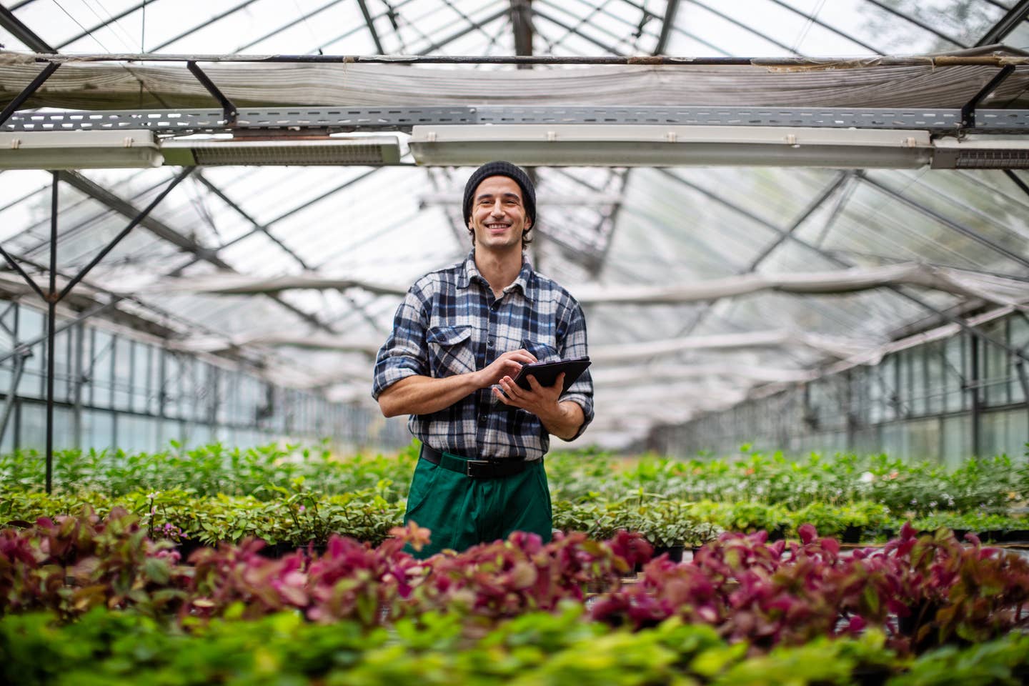 Male garden worker with digital tablet at greenhouse