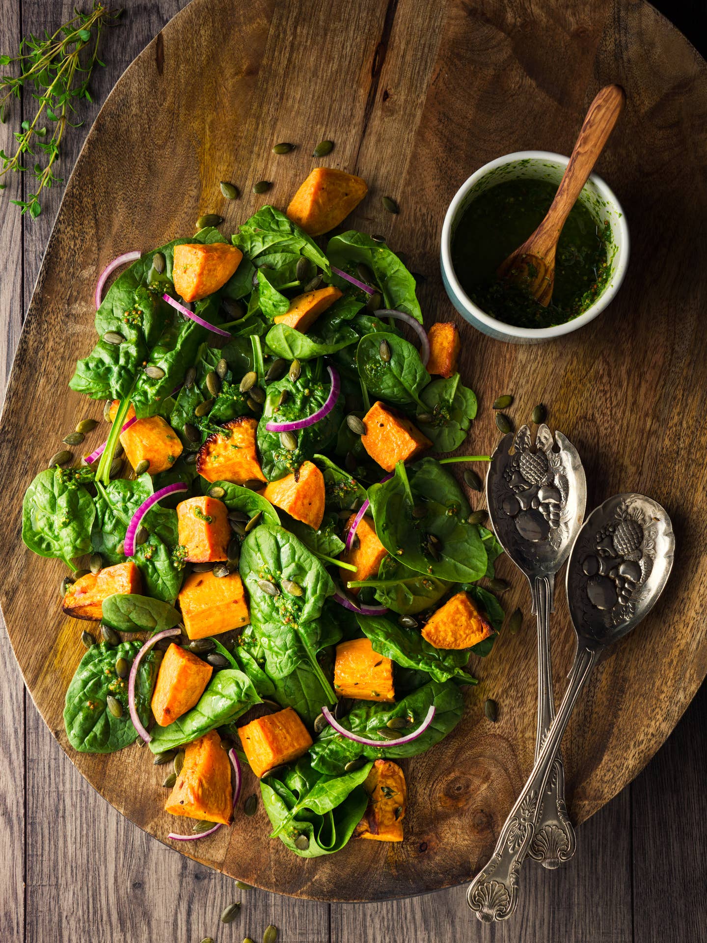 Healthy roasted sweet potato,spinach vegan salad