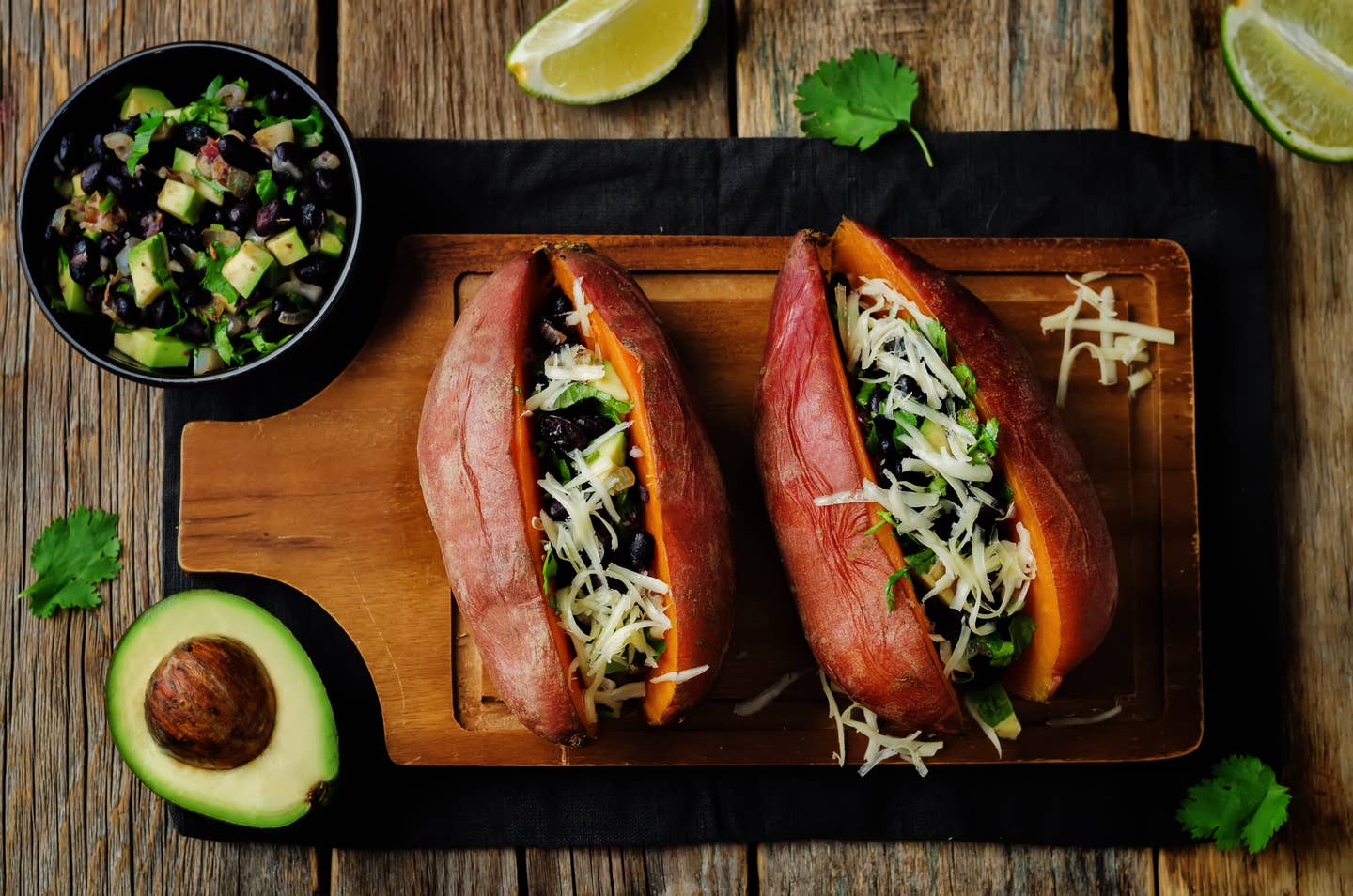 Avocado black bean cilantro stuffed sweet potato